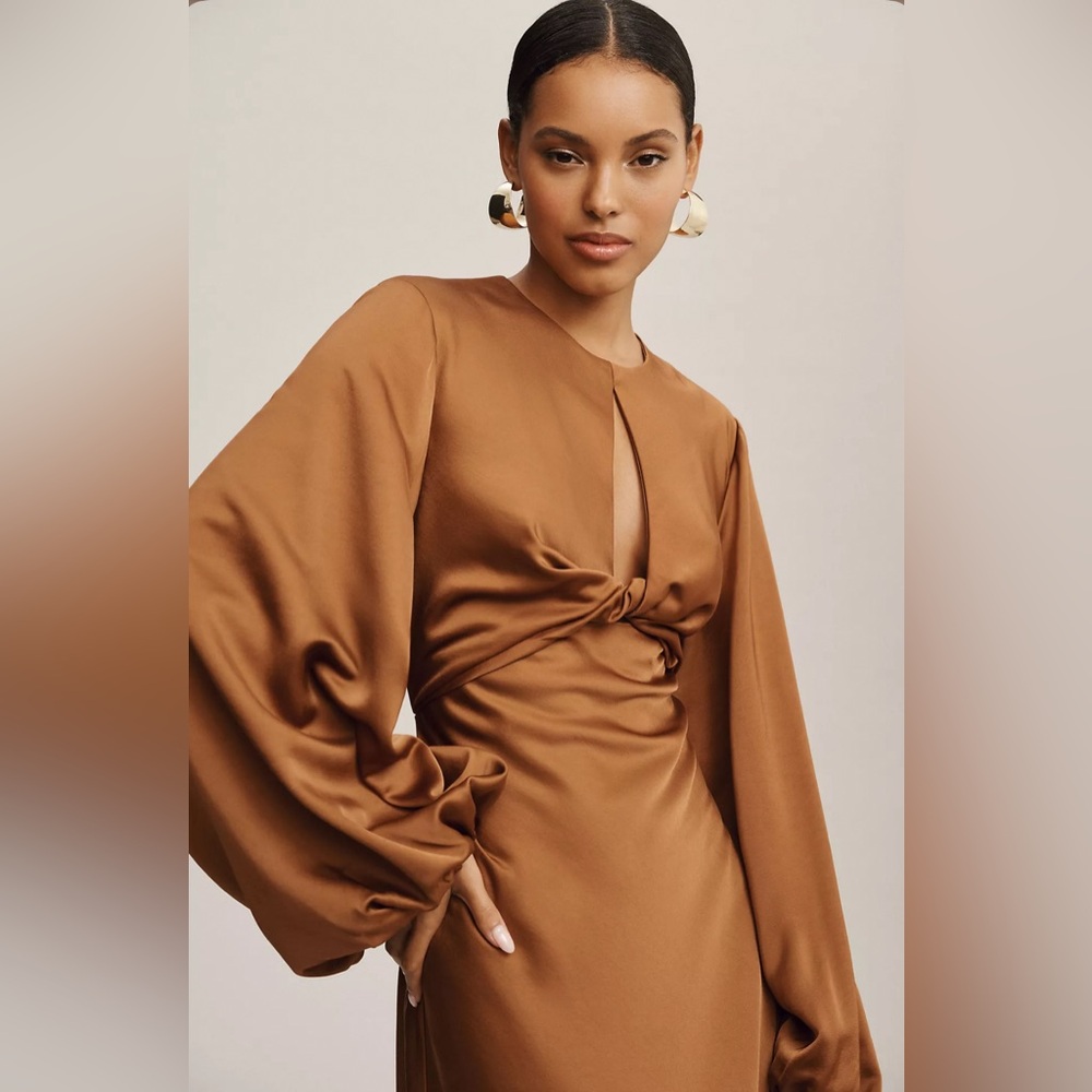Anthropologie Burnt Orange Backless Long-Sleeve Satin Gown US 12